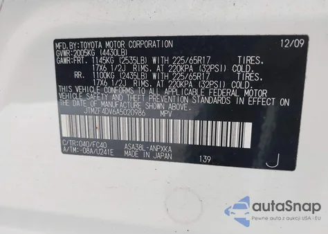 2010 Toyota Rav4 из США, поврежденный, VIN JTMZF4DV6A5020986